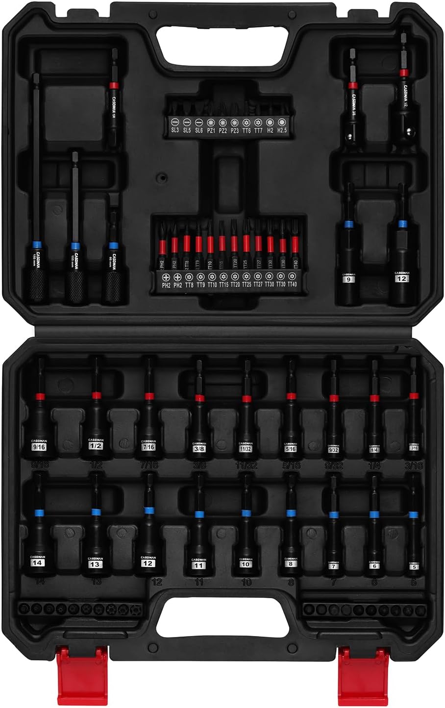 55-Piece Magnetic Nut Driver Set for Impact Drill, Deep & Shallow, Metric & SAE, Includes Screwdriver Bits, Bit Extension Bar, Socket Adapters & Wing Nut Driver