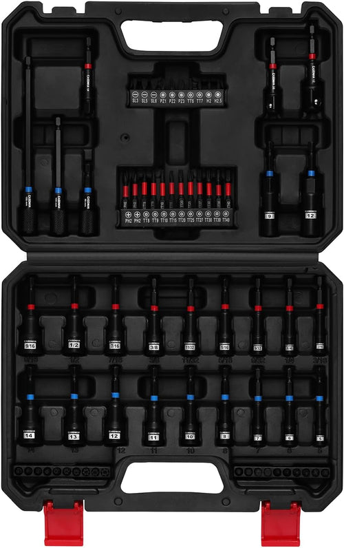 55-Piece Magnetic Nut Driver Set for Impact Drill, Deep & Shallow, Metric & SAE, Includes Screwdriver Bits, Bit Extension Bar, Socket Adapters & Wing Nut Driver