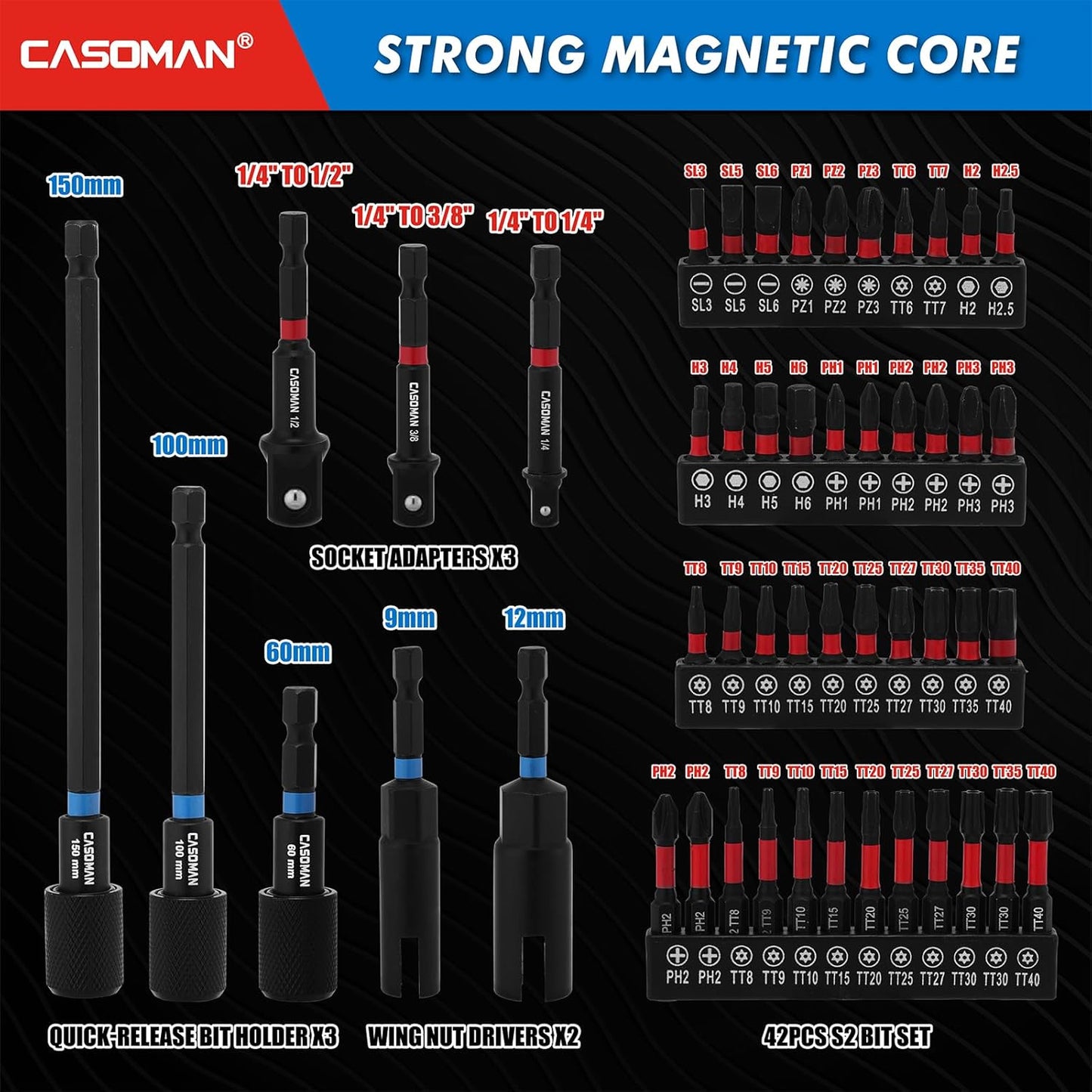 55-Piece Magnetic Nut Driver Set for Impact Drill, Deep & Shallow, Metric & SAE, Includes Screwdriver Bits, Bit Extension Bar, Socket Adapters & Wing Nut Driver