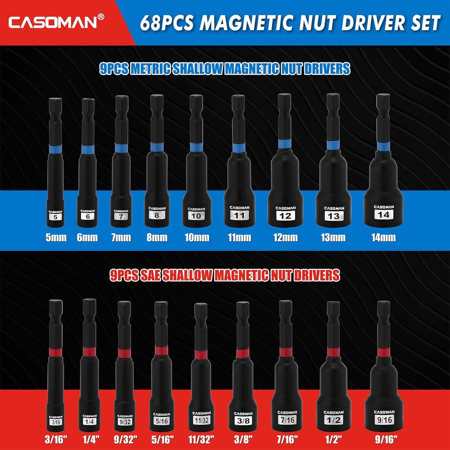 55-Piece Magnetic Nut Driver Set for Impact Drill, Deep & Shallow, Metric & SAE, Includes Screwdriver Bits, Bit Extension Bar, Socket Adapters & Wing Nut Driver