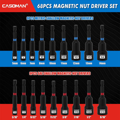 55-Piece Magnetic Nut Driver Set for Impact Drill, Deep & Shallow, Metric & SAE, Includes Screwdriver Bits, Bit Extension Bar, Socket Adapters & Wing Nut Driver